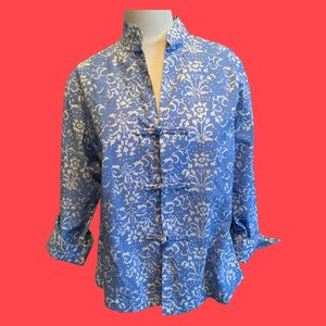 Crisp blue and white cotton print blouse.